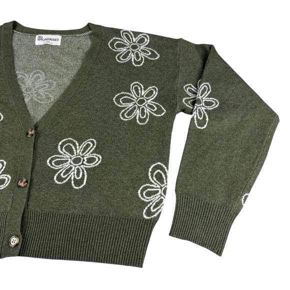 No Boundaries Women's Green Floral Knit V Neck Button-Up‎ Cardigan Y2K Boho Soft - Picture 3 of 10